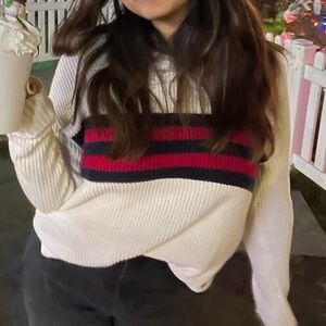Hollister Cream Sweater with Red and Blue Stripes
